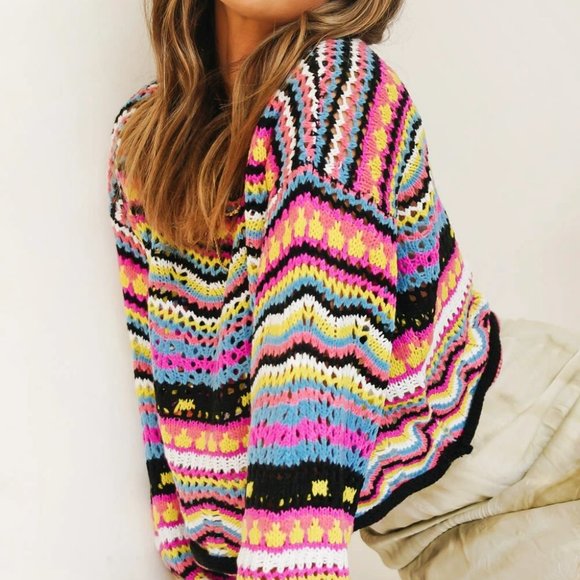 2023 patchwork knitted sweater intercolor crewneck striped sweater women - Picture 1 of 2